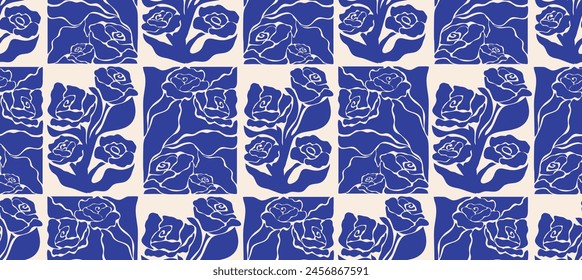 Aesthetic seamless pattern in blue and white. Groovy abstract flowers organic floral roses contemporary design for textile prints.