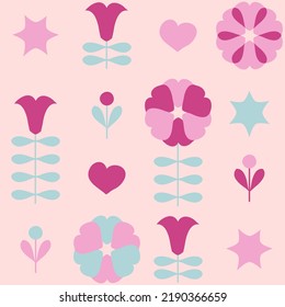 Aesthetic seamless pattern with flowers, hearts and stars. Romantic background for T-shirt, poster, textile and print. Retro vector illustration for decor and design.


