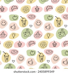 Aesthetic seamless pattern of hand drawings, handmade sketches. Food and Drink, fast food doodles vector set in line style