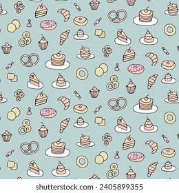 Aesthetic seamless pattern of hand drawings, handmade sketches. Food  doodles vector set in line style
