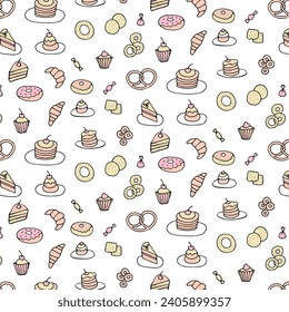 Aesthetic seamless pattern of hand drawings, handmade sketches. Food  doodles vector set in line style