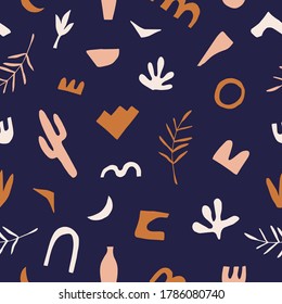 Aesthetic seamless pattern with hand drawn abstract plants and shapes. Graphic print for wrapping paper, textile, wallpaper or apparel. Vector background