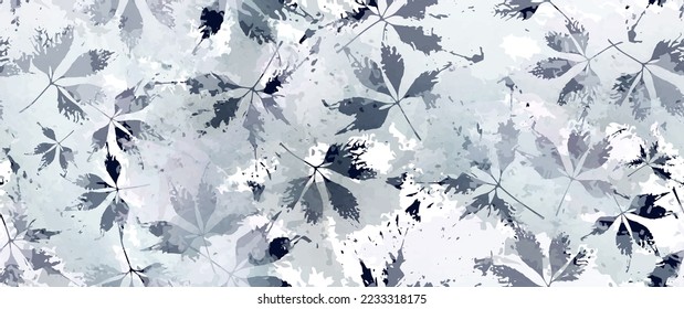Aesthetic Seamless Pattern. Leaves Trees, Shrubs Stamp Effect. Neutral Tree Leaf Pattern. Texture Spots Watercolor Overlay. Transparency Wallpaper Rustic Modern Design. Fancy Delicate Fabric Textile.