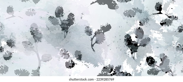 Ästhetisches nahtloses Muster. Blättert Bäume, Stempeleffekt von Shrubs. Neutrales Baumleaf-Muster. Textur Spots Wasser Farbe Overlay. Transparentes Bildschirmhintergrund Rustikales modernes Design. Fancy Delicate Stoff Textil.