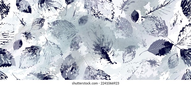 Aesthetic Seamless Pattern. Leaves Trees, Shrubs Stamp Effect. Neutral Tree Leaf Pattern. Texture Spots Watercolor Overlay. Transparency Wallpaper Rustic Modern Design. Fancy Delicate Fabric Textile.