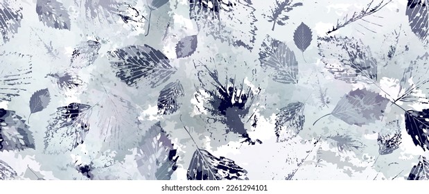 Aesthetic Seamless Pattern. Leaves Trees, Shrubs Stamp Effect. Neutral Tree Leaf Pattern. Texture Spots Watercolor Overlay. Transparency Wallpaper Rustic Modern Design. Fancy Delicate Fabric Textile.