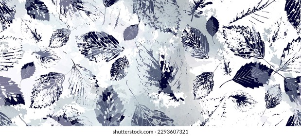 Aesthetic Seamless Pattern. Leaves Trees, Shrubs Stamp Effect. Neutral Tree Leaf Pattern. Texture Spots Watercolor Overlay. Transparency Wallpaper Rustic Modern Design. Fancy Delicate Fabric Textile.