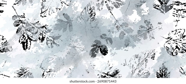 Aesthetic Seamless Pattern. Leaves Trees, Shrubs Stamp Effect. Neutral Tree Leaf Pattern. Texture Spots Watercolor Overlay. Transparency Wallpaper Rustic Modern Design. Fancy Delicate Fabric Textile.