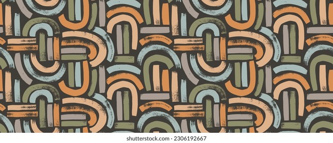 Aesthetic seamless pattern with neutral color arches. Brush drawn bold arches and curved lines. Rainbow motif pattern, boho style background. Geometric shapes vector seamless background.