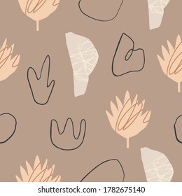Aesthetic seamless pattern with plants and abstract shapes. Trendy graphic design for banner, poster, card, invitation, placard or textile