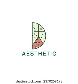 Aesthetic semicircle window logo with mountain view.