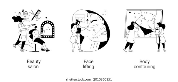 Aesthetic services abstract concept vector illustration set. Beauty salon, face lifting, body contouring, make up and hair stylist, anti age treatment, plastic body correction abstract metaphor.
