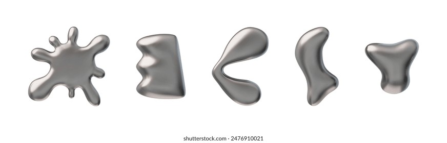 An aesthetic set of 3D vectors with shapes resembling liquid metal. The collection features shiny chrome and aluminum textures on a white background.