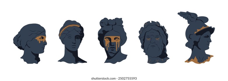Aesthetic set of greek sculptures in dark color with gold effect. Modern y2k creative antique characters, head silhouettes, ancient statues in 2000s. Vector illustration 