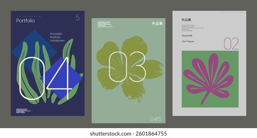 Aesthetic set of modern minimalist posters with abstract leaf compositions and vibrant colors. Ideal for art exhibitions, cover designs, and decorative typography visuals.