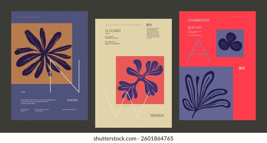 Aesthetic set of modern minimalist posters with abstract leaf compositions and vibrant colors. Ideal for art exhibitions, cover designs, and decorative typography visuals.