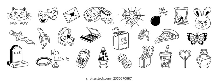 Conjunto estético sobre el tema de las relaciones y u2k, tatuaje flash, lindas Imágenes significativas sobre el amor, conjunto gráfico de Elementos - teléfono retro, tamagotchi, Elementos con un corazón y el significado del amor.