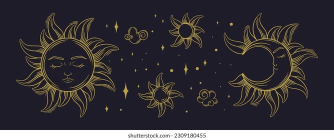 Conjunto estético con símbolos tarot, astrología y ocultismo. Elementos de tarot espiritual del sol, luna creciente, estrellas y nubes. Ilustración del vector aislada en el fondo oscuro