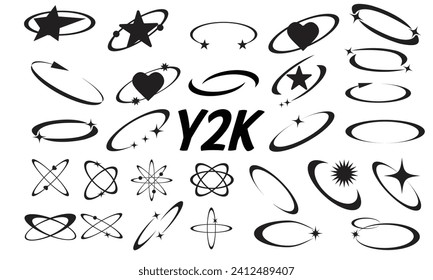 Aesthetic shapes with stars. Y2k set. Minimal vector shapes in lines with sparkles. Abstract modern geometric boho collection.Trendy boho geometric template.