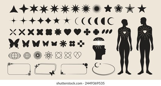 Aesthetic shapes. Y2k elements. Black silhouette icons. Abstract sparkle star. Retro frame. Trendy line arch. Flat design. Couple bodies. Love heart. Hipster graphic logo. Vector minimal symbols set