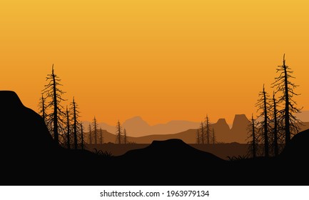 Aesthetic silhouette of mountains at nightfall under a beautiful yellow sky. Vector illustration of a city