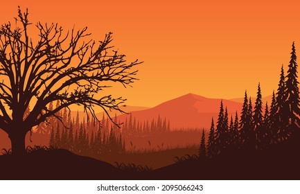 Aesthetic silhouetted views of mountains with pine trees from the countryside at dusk. Vector illustration of a city