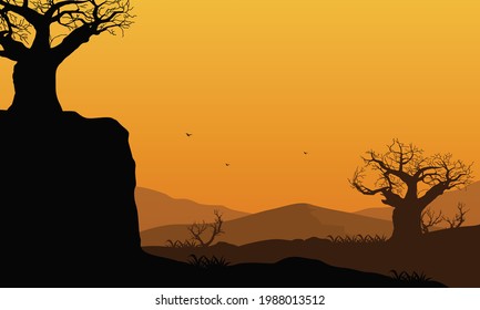 Aesthetic silhouettes of mountains and dry trees at dusk from the outskirts of the city. Vector illustration of a city