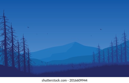 Aesthetic silhouettes of mountains and dry trees from the outskirts of the city at night. Vector illustration of a city