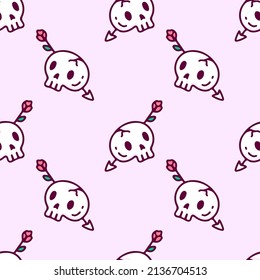 Aesthetic skeleton head arrow and rose on pink background seamless pattern. Modern vintage, pop art style seamless pattern concept.