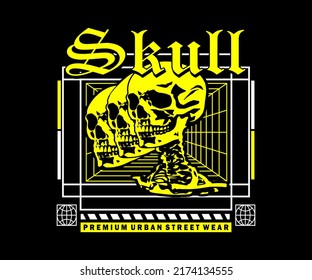 aesthetic of skull illustration on black background for streetwear and urban style t-shirts design, hoodies, etc