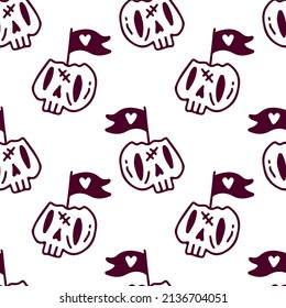 Aesthetic skull with love symbol flag on white background seamless pattern. Modern vintage, pop art style seamless pattern concept.