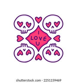 Aesthetic skulls head with heart doodle cartoon, illustration for t-shirt, sticker, or apparel merchandise. With modern pop style.