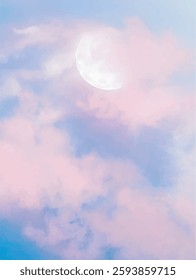 Aesthetic sky background with full moon and clouds in pink vector background.