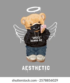 aesthetic slogan with bear doll in black face mask and hoodie with spray-painted angel vector illustration