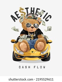 aesthetic slogan with bear doll sitting on yellow car vector illustration