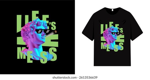 Aesthetic slogan graphic design. Life is messy typography with god statue head symbol. Vector illustration design for slogan t-shirt, tee, fashion graphic, print, t-shirt and hoodie.