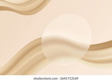 Aesthetic Soft Fluid Waveform On Pastel Beige Background With Round Glassmorphism Frame. Minimal Aesthetic Design Vector Illustration For E-commerce, Beauty, Cosmetic, Fashion, Web, UI, Etc.
