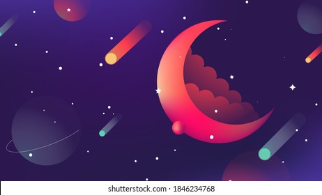 Aesthetic space horizontal background. Abstract banner for social networks, web design. Fashionable illustration in minimalist style with planets, stars, gradient, radiance, comets, crescent.