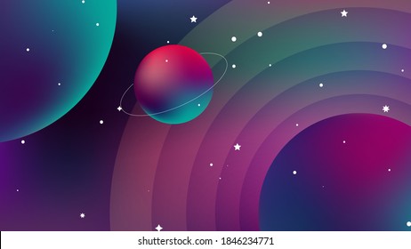 Aesthetic space horizontal background. Abstract banner for social networks, web design. Fashionable illustration in minimalist style with planets, stars, gradient, shine.