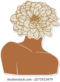 Aesthetic sticker of a woman head with peony flower. Feminine self-care vector concept icon