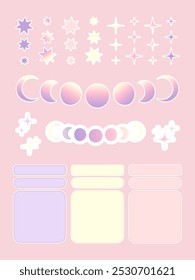 Aesthetic stickers with stars and moon phases in pastel pink, lilac, and yellow shades. Dreamy stickers collection for planners, journals, scrapbooking, etc.