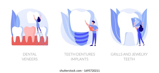 Aesthetic stomatology. Dental prosthetics, teeth restoration. Dental veneers, teeth dentures implants, grills and jewelry teeth metaphors. Vector isolated concept metaphor illustrations.