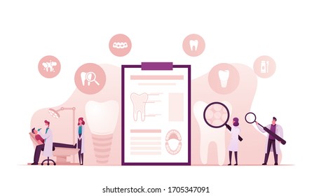 Aesthetic Stomatology, Dental Prosthetics, Teeth Restoration Concept. Doctor Character Install Dental Veneers, Teeth Dentures Implants to Patient, Mouth Orthodontic. Cartoon Vector People Illustration