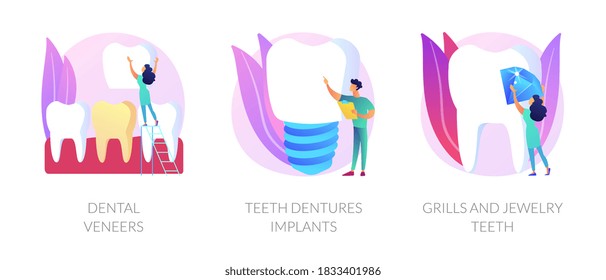 Aesthetic stomatology. Dental prosthetics, teeth restoration. Dental veneers, teeth dentures implants, grills and jewelry teeth metaphors. Vector isolated concept metaphor illustrations.