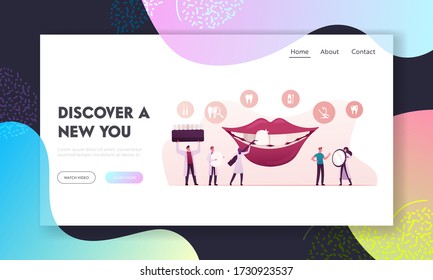 Aesthetic Stomatology Landing Page Template. Tiny Dentist Doctor Characters in Medical Cabinet with Equipment around of Huge Mouth Install Dental Veneers to Patient. Cartoon Vector People Illustration