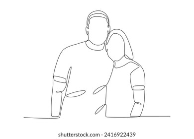 Aesthetic style photo of a couple leaning against each other. Couple one-line drawing