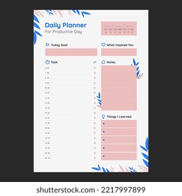 Aesthetic style with y2k color A4 daily planner template design with leaves element graphic. Usable for creating checklist, daily plan, everyday reminder and bullet journal.