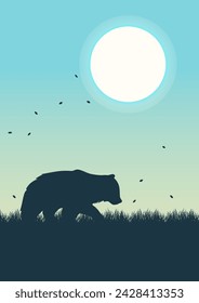 Aesthetic summer field and bear silhouette. Wildlife animals in nature. Grizzly bear