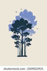 Cartaz estético da silhueta da árvore de verão. Ilustração do vetor da natureza rural pacífica. Papel de parede de estandarte