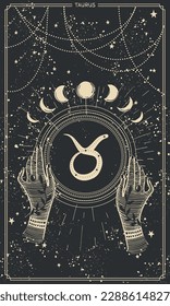 Aesthetic Taurus zodiac card for stories, astrological horoscope, boho line design, gold engraving on black background with stars. Vector illustration.